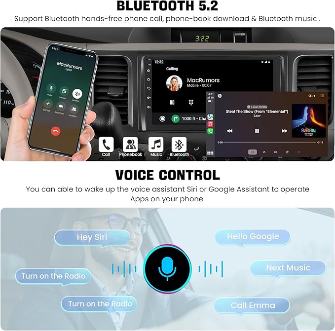 Car Radio Stereo for Toyota Sienna 2011-2014 Without JBL Sound System, Support Wireless Carplay/Android Auto/Mirrorlink, 9 Inch QLED Touchscreen with Bluetooth,FM Radio,DSP