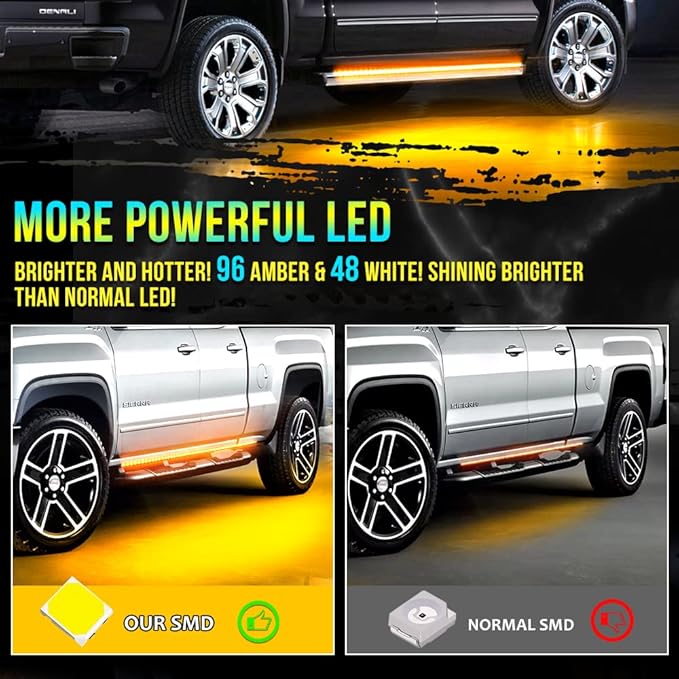 Truck LED Running Board Lights Amber Side Marker Kit, White Courtesy Lights Extended Crew Cab 2pc 48Inch 144 Led Bar Bed Light Switchback Underglow Strip for Pickup Trucks SUV Car Work (48Inch Board)