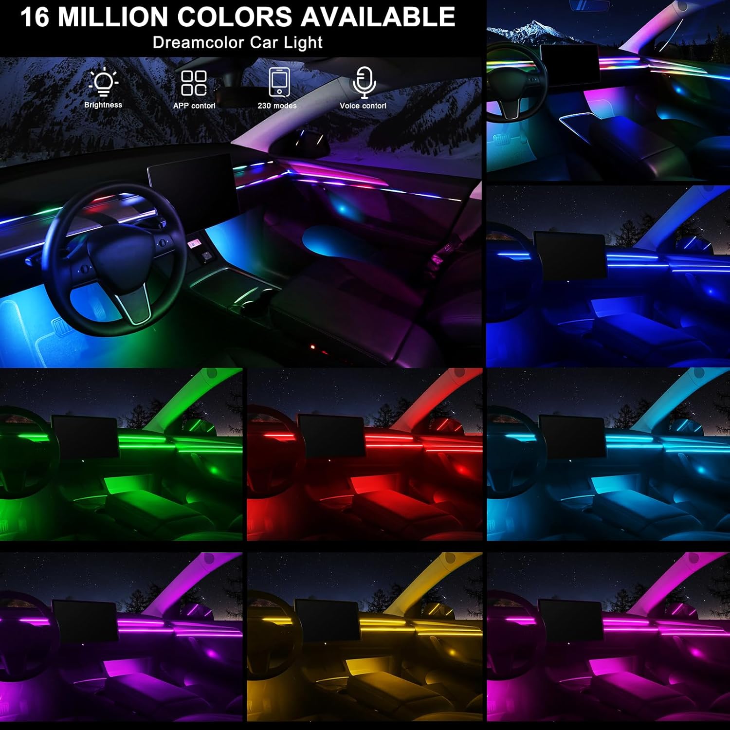 Dream+Color Acrylic Interior Car LED Strip Light with Wireless APP, RGB 18 in 1 with 175 inches 593 LEDs Fiber Optic Strip Lights for Car, Dynamic Chasing Music Sync Neon Ambient Lighting Kits