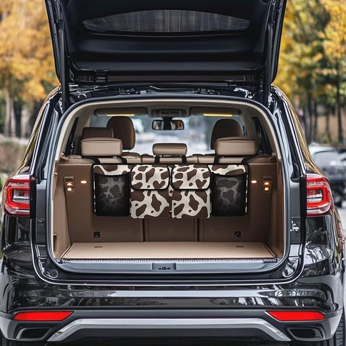 Brown Cow Print Car Trunk Organizer, Hanging Car Back Seat Storage Bag with 4 Pockets Waterproof Universal Automotive Accessories for Most SUVs Sedans Trucks Jeeps