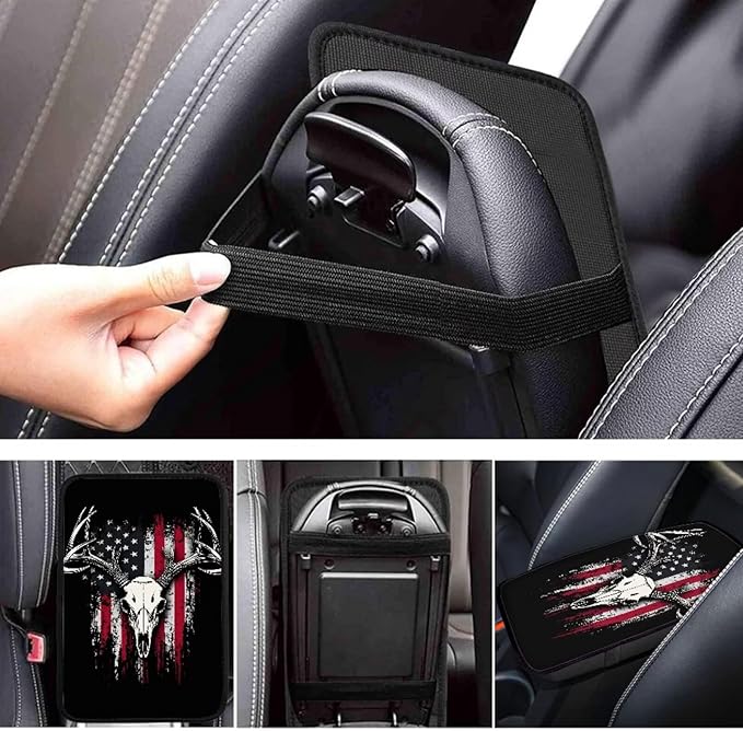 Deer Skull Print Car Center Console Pad American Flag Print Armrest Seat Box Cover Protector for Auto Interior Decor Dust-Proof Universal Neoprene Armrest Pad