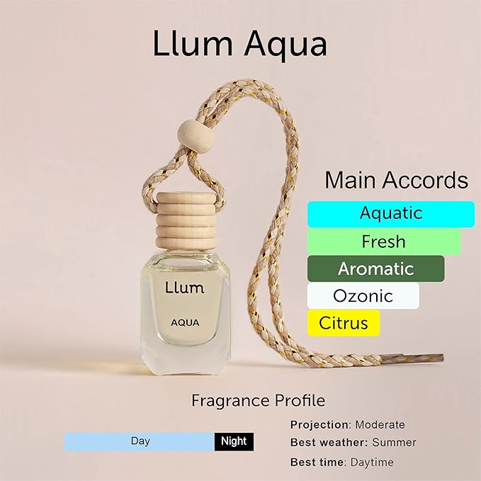 Llum Aqua Hanging Car Air Freshener – Luxury Automotive Perfume Diffuser 10ml (0.34 fl oz), Long-Lasting Fragrance, Alcohol-Free Non-Toxic Car Scent, Glass Bottle With Wood Cap