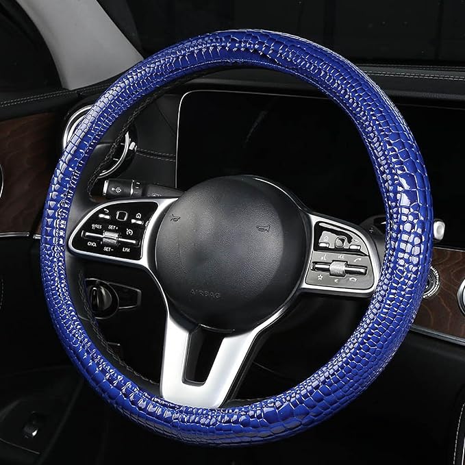 Luxury Crocodile Texture Glossy Leather Car Steering Wheel Cover, New Universal 15 Inch Vehicle Steering Wheel Cover for Cars, Trucks, Suvs, Pickups Interior Accessories (Blue)