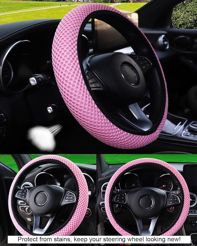 Hiflyer Car Steering Wheel Cover Women & Men, Universal 14.5-15 Inch Steering Wheel Covers, Soft Microfiber Car Wheel Cover Car Stuff Car Accessories Interior (Pink)