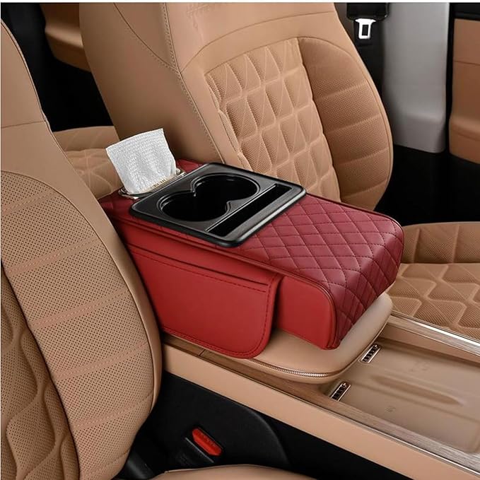 Car Armrest Cushion for Toyota Crown Majesta VI 2009-2015 2016 2017 2018, Car Center Console Cover Armrest Pad with Cup Holder and Tissue Box, Car Accessories,Red