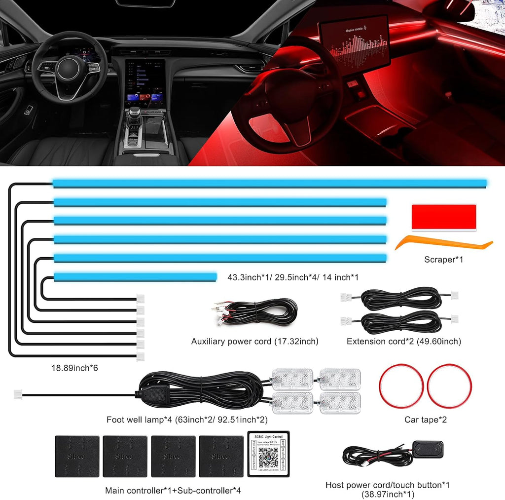 Acrylic Interior Car LED Strip Light with Wireless APP, RGB 10 in 1 with 175 inches 612 LEDs Fiber Optic Car Ambient Lighting Kits, Dynamic Music Sync Neon LED Strip Lights for Car