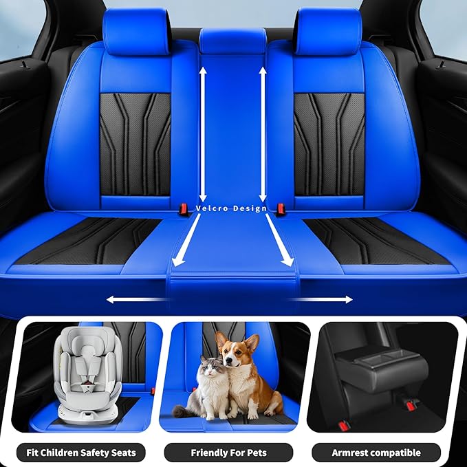 Fit Kicks Car Seat Covers Premium Leather Compatible with Nissan Kicks 2018 2019-2026 (5 Seats Full Set Waterproof Breathable All-Weather Seat Cushion Protector（5 Seats Blue & Black)