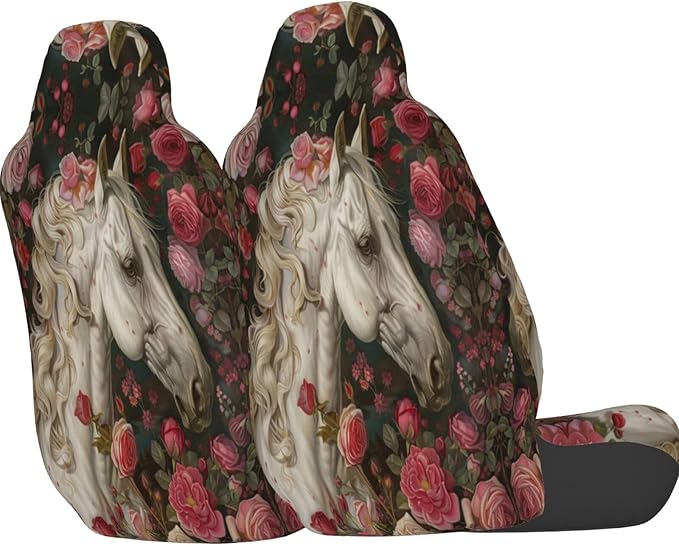 Delerain Car Seat Covers Set 2Pcs, Rose White Horse Universal Front Car Seats Vehicle Enterior Protector Suitable Fits Most Car Auto SUV Sedan Truck