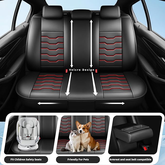 Fit Sonata Car Seat Covers Premium Leather for Hyundai Sonata 2007-2025 2026. Waterproof， Breathable, Scratch-Resistant & All-Weather Seat Cushion Protector（Full Set,Red Line Black