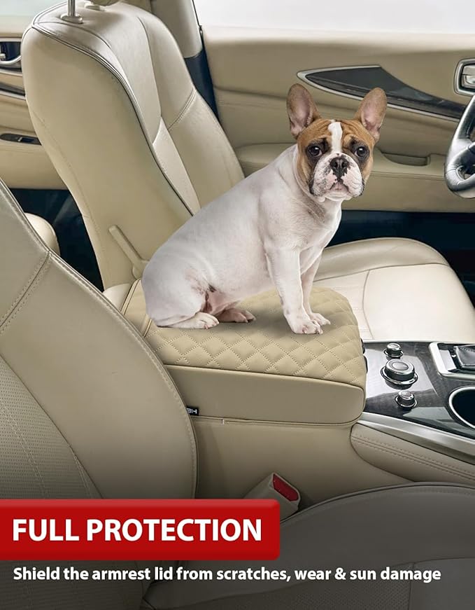 KBH Center Console Armrest Cover for Infiniti QX60 & JX35, Nissan Pathfinder 2013 2014 2015 2016 2017 2018 2019 2020, Vinyl Leather, Middle Console Lid Protector, Custom-fit Accessories, Beige