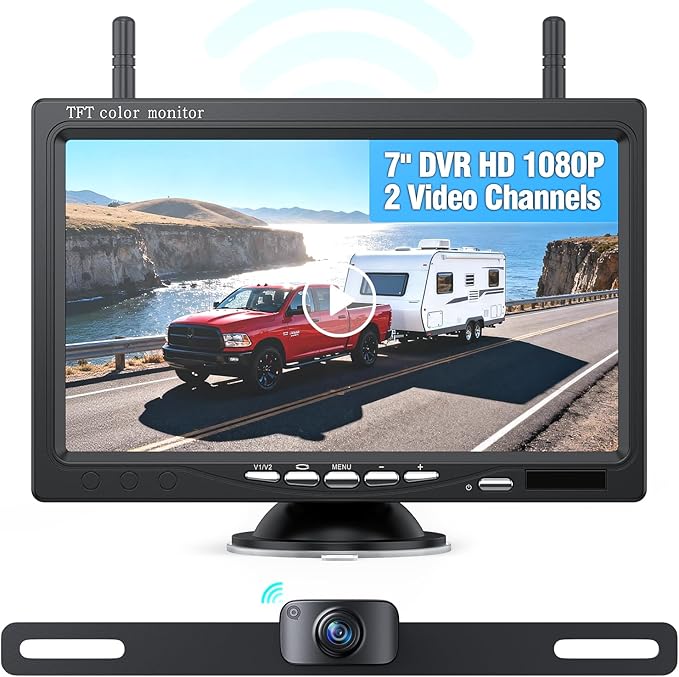 eRapta Wireless Backup Camera with 7” DVR Monitor for Trucks, 2 Channels, HD1080P Front/Rear View Camera with Night Vision, IP69K Waterproof, DIY Reserving Lines for Pickup, Car, Van, Trailer (AWTL7)