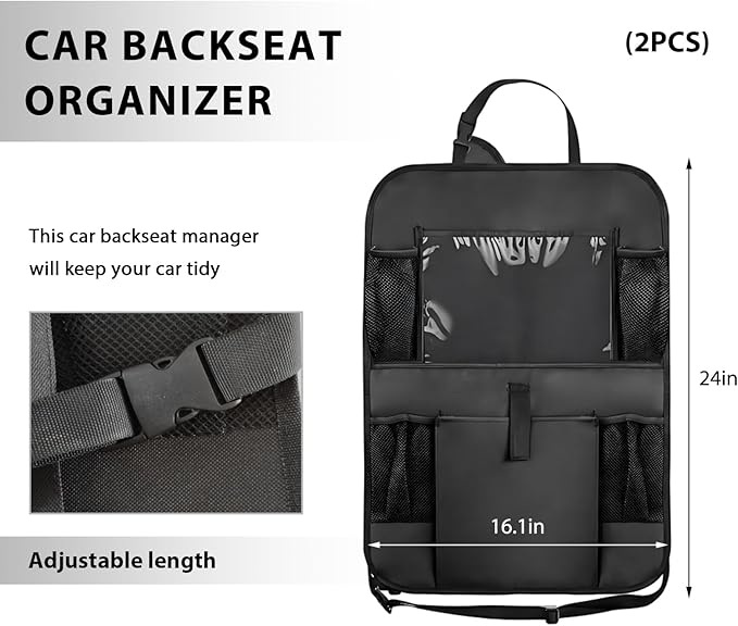 2PCS Car Backseat Organizer, Multi-Pocket Back Seat Protector with 10.2" Tablet Holder, Waterproof Oxford Fabric Storage Bag Auto Kick Mat for Kids Toddlers (B with Zipper)