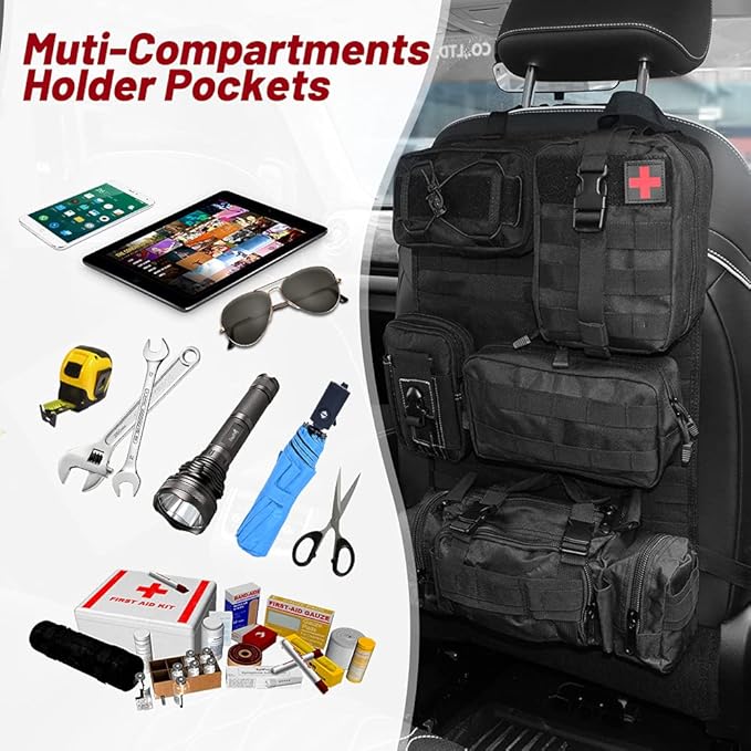 Universal Tactical Vehicle Back Seat Organizer with 5 Molle Pouch Molle Pouches Truck Seat Organizer Tactical Gear for Car Truck Ford Jeep Vehicle