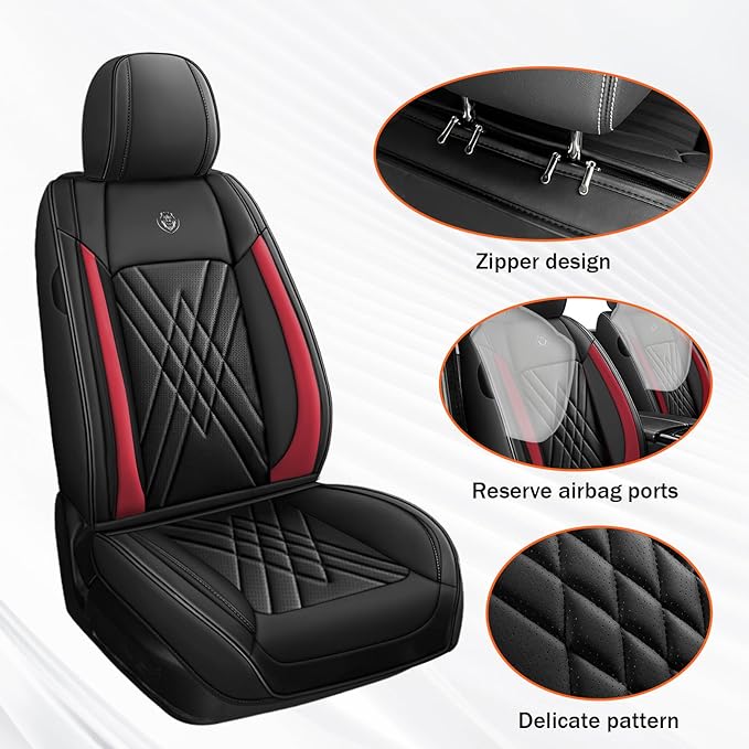 Car Seat Covers Compatible with Toyota Camry 2012-2026 Durable Waterproof Automotive Seat Covers Stretchable Fabric Material, Airbag Compatibility, Premium Nappa Leather(Black Red, 2 Pcs Front)