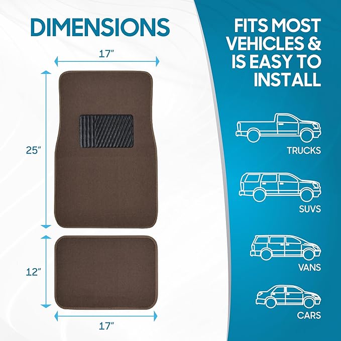 BDK MT-100-DB Classic Dark Beige Carpet Floor Mats with Vinyl Heel Pad for Car SUV Truck Van, Universal Fit Front & Rear Liner