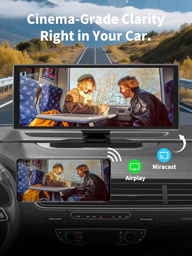 Largest Portable 11.26'' Wireless CarPlay/Android Auto Screen with 2.5D 1920x720 HD Display, Built-in DVR, 4K Front + 1080P Rear Camera, Car Screen,Easy Install Dash Cam,GPS Navigation,Voice Control