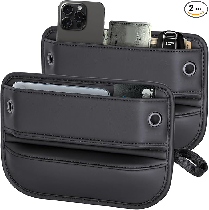 2-Pack Car Seat Gap Filler Organizer - Upgraded Anti-Slip Strap Design - Premium Leather Side Console Pocket - Prevent Phone Falling - (0.2”-1.2" Gaps),Clever Gifts For SUV, Truck & Sedan, Black
