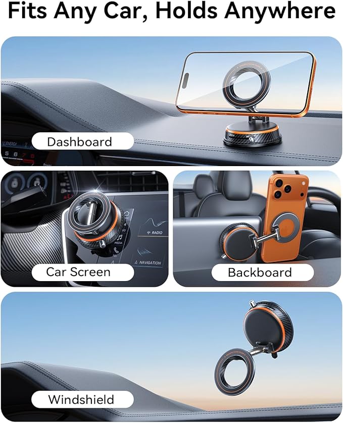Upgraded Car Phone Holder for Magsafe [98+LBS Strongest Suction & 2400gf Magnetic] Vacuum Magnetic Phone Holders for Your Car 360° Adjustable Car Phone Mount for iPhone & Android Orange