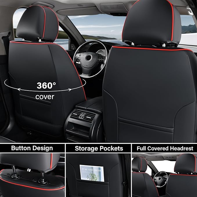 Coverado Seat Covers, Car Seat Covers Front Seats, Waterproof Nappa Leather Auto Seat Cover with Lumbar Head Pillow, Black Redline Seat Covers Carseat Cover Universal Fit for Most Cars