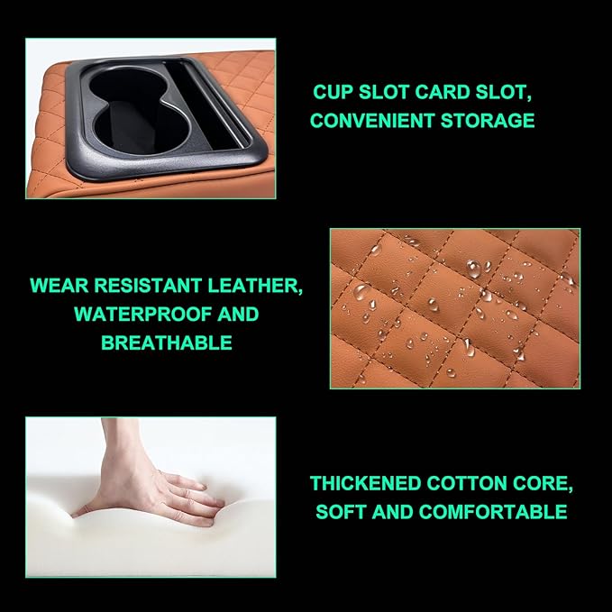 Car Center Console Armrest Pillow, Memory Foam Auto Armrest Box Cover with Cup Holder & Phone Holder, Waterproof Leather Arm Rest Protector Cushion, Interior Car Accessories (Diamond, Brown)