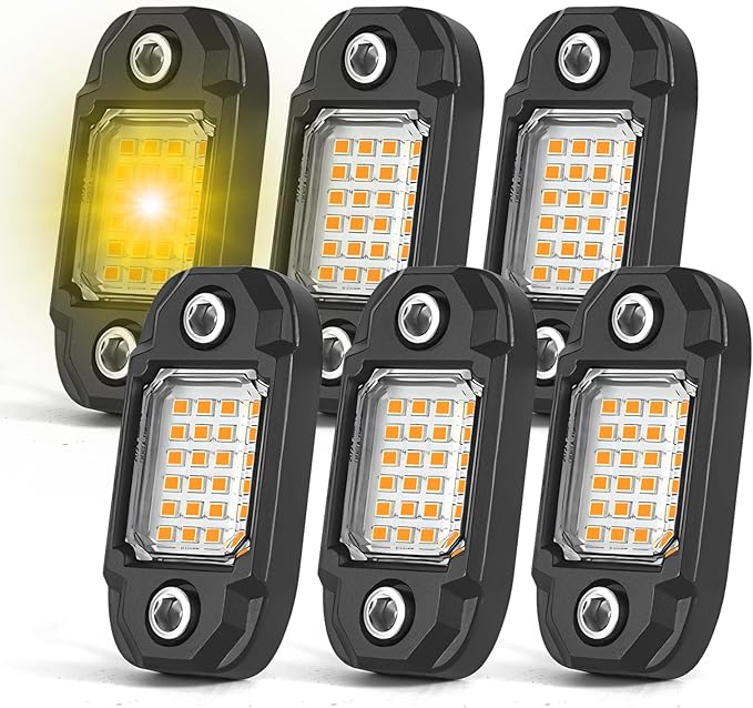 6Pods Yellow Rock Lights 24 LEDs Chips Neon Trail Rig Lamp Underglow LED Lighting Systems for Cars Trucks SUV ATV UTV