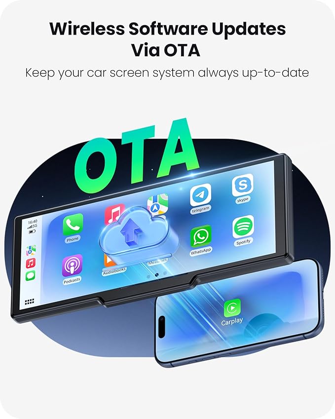 9.26" Portable CarPlay Screen for Apple Carplay & Android Auto with 4K Dash Cam & HD Backup Camera, Wireless Car Play with Strongest Bluetooth 5.2, OTA Updates, Voice Control, GPS Navigation
