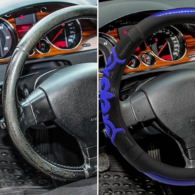 Sport Style Black Leather Steering Wheel Cover with Blue Lucky-Cloud-Design Grip Steering Wheel Accessory,Universal Fit 14.5-15.25 inch Steering Wheel
