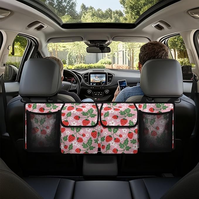 Car Trunk Organizer Pink Strawberry Back Seat Car Organizer Equipped with Robust Elastic Net, Hanging Car Storage Organizer with Lids, Space Saving Expert