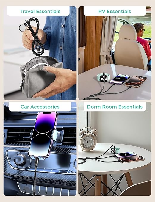Travel Essentials,3 in 2 USB C Cable for Apple Watch Charger,iPhone Charger,Multi Charging Cable,Cruise Vacation Camping Essentials,Portable for iWatch Series 11-2/Ultra/SE & iPhone 17-12,Car,Black