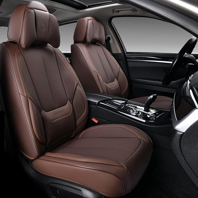 Coverado Universal Seat Covers Front, Universal Seat Covers for Cars, 2-Pack Waterproof Nappa Leather Car Seat Covers with Head Pillow, Auto Protectors Fit for Most Sedans SUV Pick-up Truck-Brown