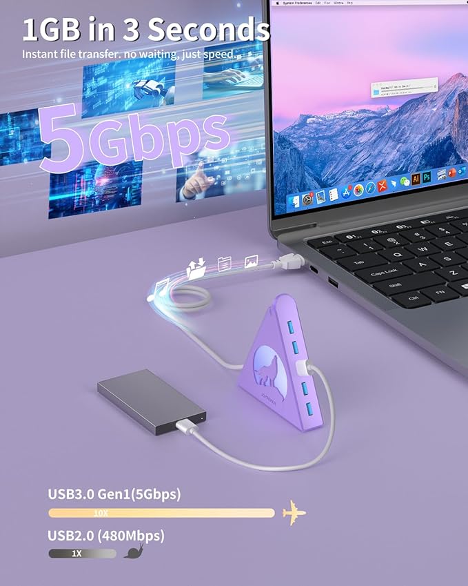 USB 3.0 Hub 7 Port, Vertical USB Splitter with RGB Lighting, 5Gbps High-Speed Data Transfer, 2FT Extension Cable, Tower USB Hub for PC, Laptop, MacBook, PS5, Xbox, Flash Drive, Printer (Light Purple)