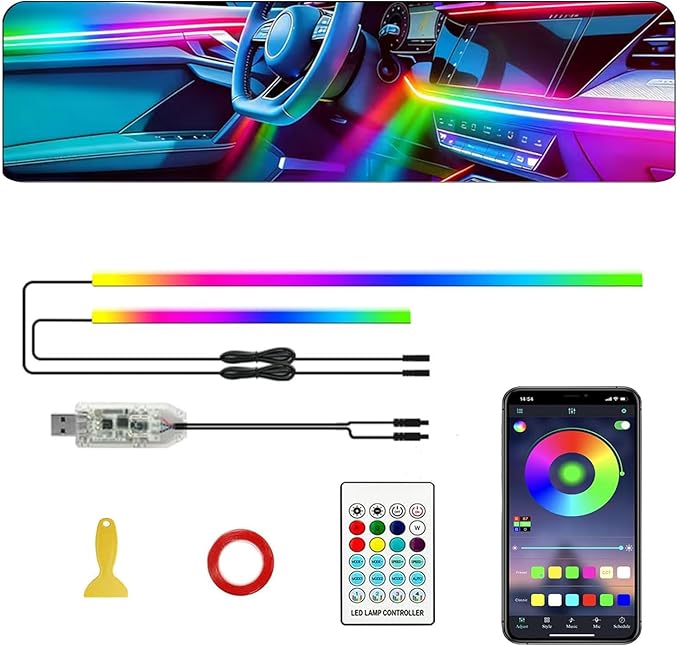 Interior Car LED Strip Lights,Acrylic LED Lights for Car with Dynamic Dreamcolor Chasing,57in USB 2 in 1 RGB Neon Strip Fiber Optic LED Ambient Lighting Kits with Remote APP,for Inside car Decorations
