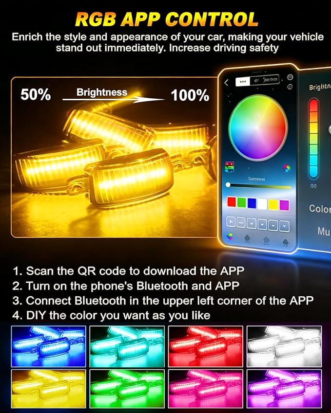 RGB Led Grille Lights APP Control 4 in 1 Colorful Underglow Rock LED Lights for Tacoma Truck Chevy Car Off-Road Raptor Jeep SUV ATV UTV DRL Decoration Signal LED Light