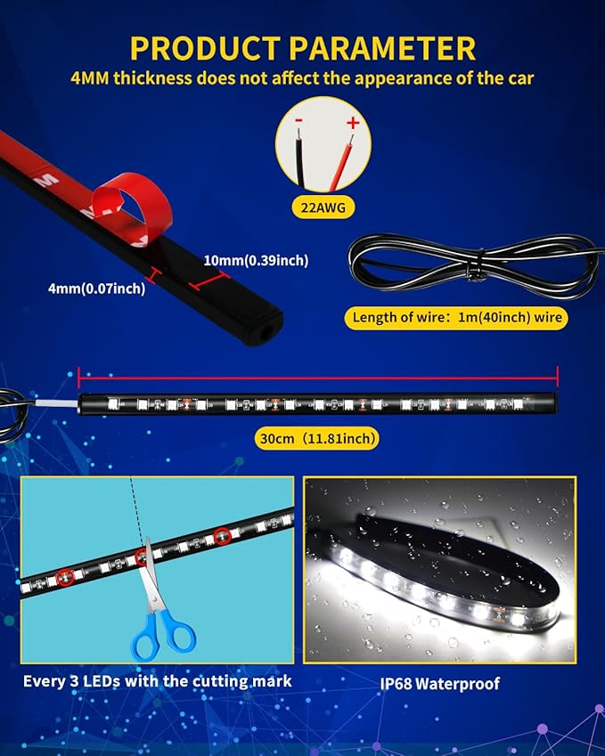 Car LED Strip Light,Motorcycle led Light Strip 30CM 15 SMD IP67 Waterproof Auto Interior Lights,for Home Decoration Car Motorcycles Boat Golf Cart Truck with 3M Tape(6PCS)