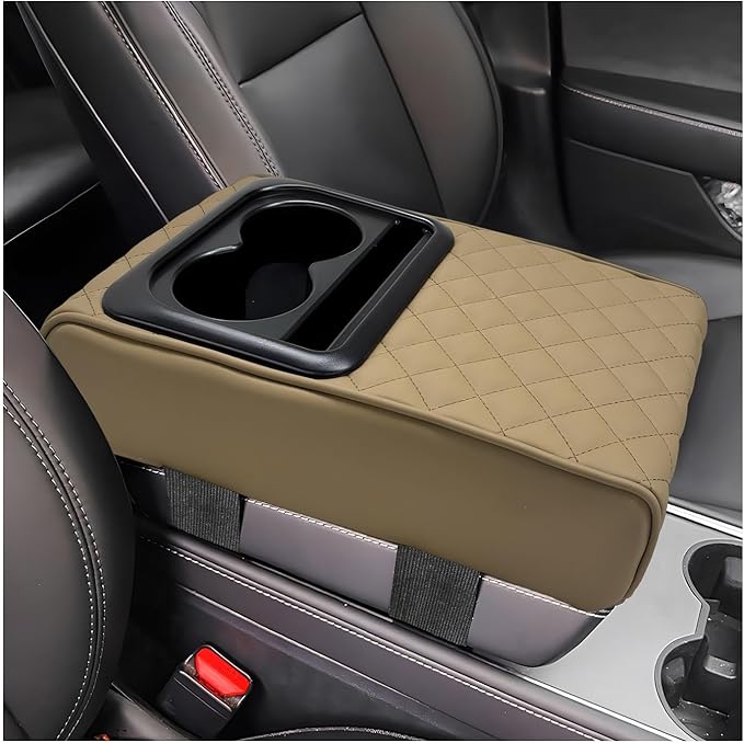 Car Center Console Armrest Pillow, Memory Foam Auto Armrest Box Cover with Cup Holder & Phone Holder, Waterproof Leather Arm Rest Protector Cushion, Interior Car Accessories (Diamond, Beige)