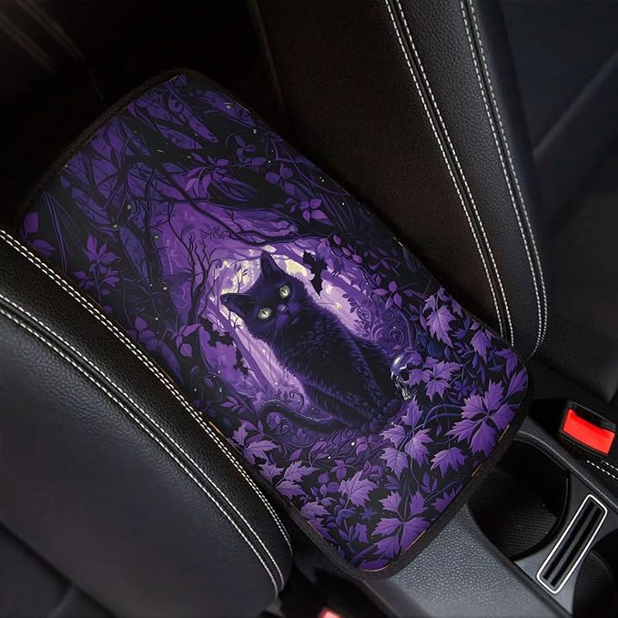 Suobstales Cat Bat Maple Leaves Print Car Armrest Pad Soft Center Console Arm Rest Protector Cover Halloween Decoration Universal Car Interior Accessories Decoration