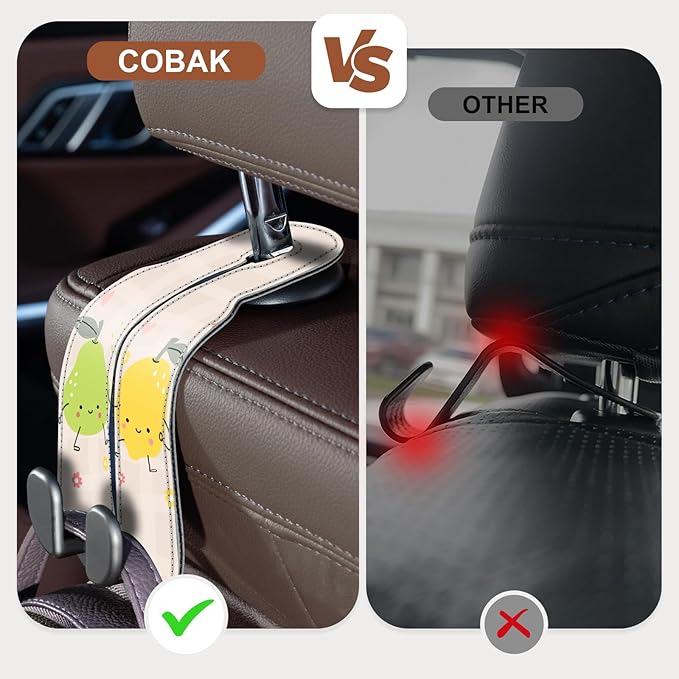 CoBak Purse Hook for Car - Universal Premium Stitched Leather and Aluminum-Magnesium Alloy Double Car Seat Back Storage Hook for Purses, Handbags, Bags (2 Pack),Fruit Play