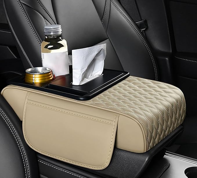 Car Armrest Center Console Cover for Lincoln Navigator L 2018–2025, Center Console Pad with Cup Holder, Multifunctional Armrest Cushion,E Beige