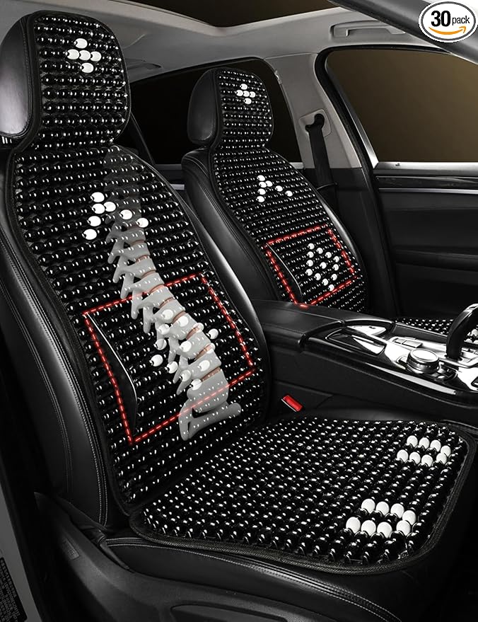 Wood Beaded Car Seat Cover Massaging Breathable Cooling Natural Wood Bead Cushion Universal Fit for Sedan, SUV & Truck. The Ergonomic Lumbar Support Can Relieve Painful from Long Trips