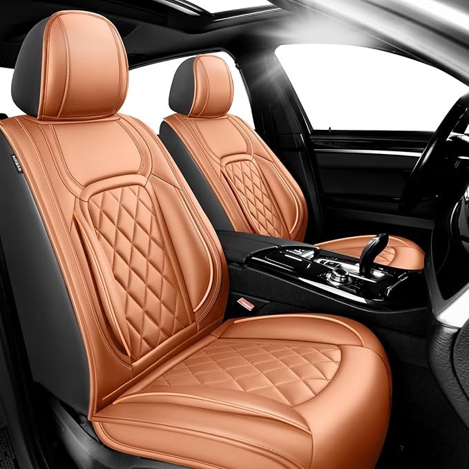 Fit Tucson Car Seat Covers Compatible with Hyundai Tucson 2010-2026, Premium Leather Breathable, Wear Resistant, Airbag Compatible, All-Weather Protection & Full Coverage, 2 Front Seat Brown