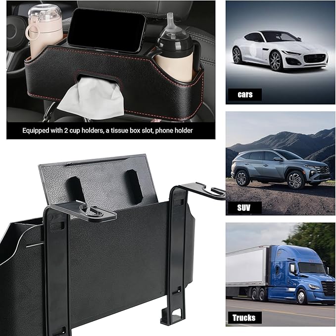 Sporacingrts Car Seat Back Organizer with Cup Holders, Tissue Box, Hooks, Phone Slot, Black PU Leather Storage Box for Backseat, 1 Pack, Fits Most Cars SUVs Trucks