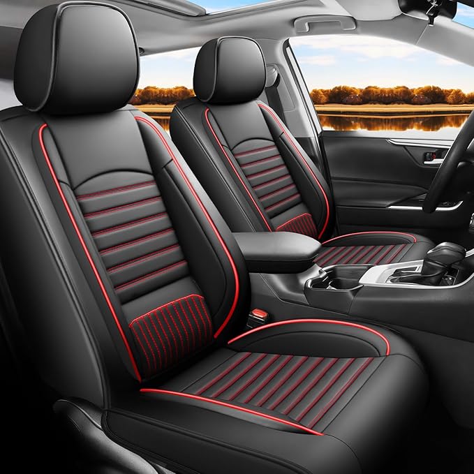 Fit RAV4 Car Seat Covers Set for Toyota RAV4 2019-2024 2025 Hybrid SE/XSE/LE/XLE/XLE Premium/Limited Automotive Cushion Protector Replacement, Waterproof Faux Leather(Black+Red)