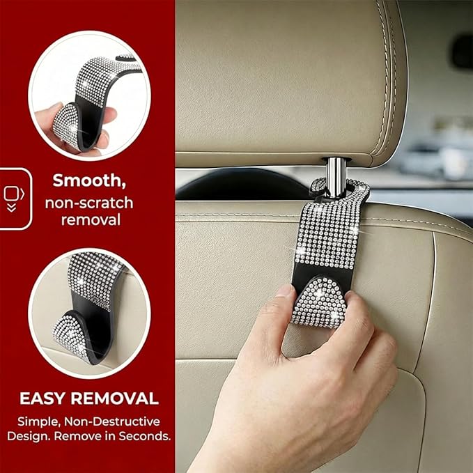 4PCS Bling Car Seat Headrest Hooks, Crystal Rhinestone Vehicle Back Seat Hanger Holder, Auto Interior Headrest Hanging Storage Organizer for Purse Handbag Coat, Universal Fit (Blue)