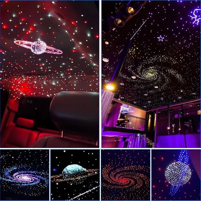 AKEPO 3.2W 6-Hole RGB Colorful Fiber Optic Light Kit, Car Home APP Control 13.1ft 360pcs*0.75mm/0.03in Optical Fiber Mixed Color Chasing Timer MIni Size Star Ceiling Light