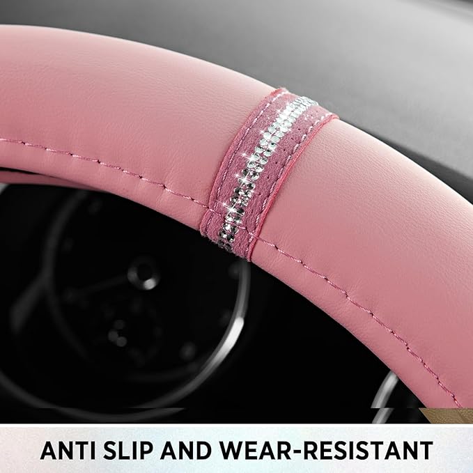 Road Comforts Leopard Steering Wheel Cover - Made with PVC Leather Cheetah Print, D-Shaped Automotive Steering Wheels - Anti-Slip, Universal Fit 14 1/2 inches to 15 inches - Full Pink