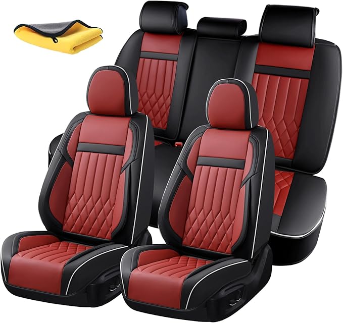 KEYOOG 5-Seater Waterproof and Breathable Nappa Leather Car Seat Covers Full Set, Fit for Front and Rear Seats of Cars, Compatible with Airbags, Car Seat Protector Covers for Most Cars - Black Red