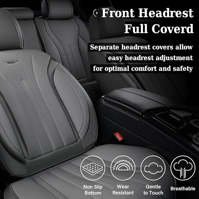 Coverado Car Seat Covers Full Set, Luxury Nappa Leather Seat Covers, Waterproof Seat Cover for Cars, Front and Rear Seat Cover Car Seat Protector, Automotive Seat Cover Universal Fit Most Cars(Gray)