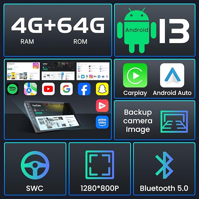 8Core 4+64GB Android 13 Radio for 2007-2013 Chevy Tahoe Suburban: Silverado GMC Yukon: 9" 1280 * 800P IPS Touchscreen Wireless CarPlay Android Auto FM/AM/DSP 5G WiFi Bluetooth GPS Backup Camera SWC