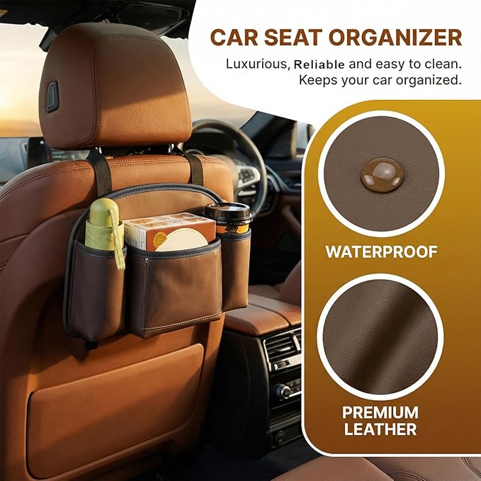 Craedli 3 in 1 Car Back Seat Organizer with Cup Holder & Hook, Multifunctional Car Seat Back Storage Box for Hold Phone Drinks Handbag, Travel Accessory Auto Interior Organizer with Tissue Box (Brown)