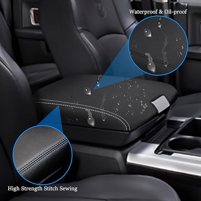 for RAM 1500 2500 3500 4500 5500 2009-2018 Center Console Cover Anti-Scratch Waterproof Leather Armrest Pad Protector Cushion Car Interior Accessories(Black Leather with White Stitches)